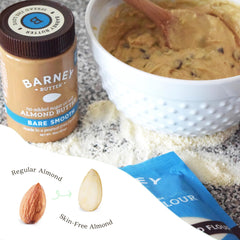 Barney Butter skin-free California almonds image shows premium ingredients for clean, creamy spreads.