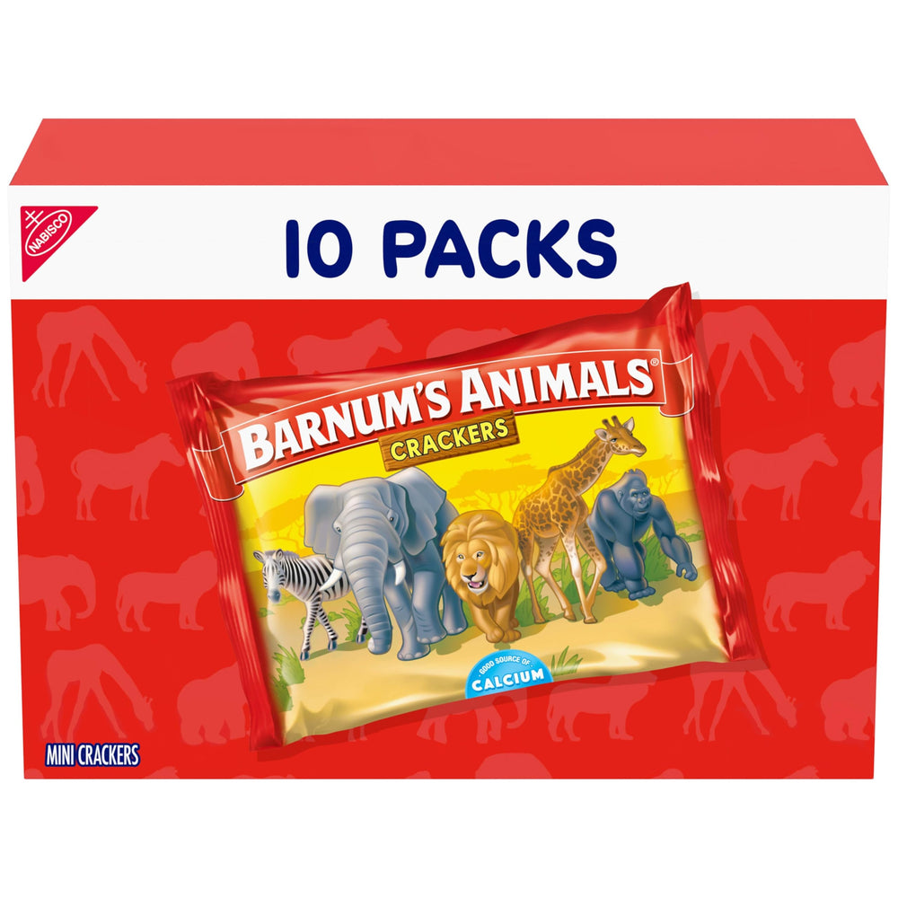 Barnum's Animal Crackers packaging showing ten single-serve packs for easy snacking