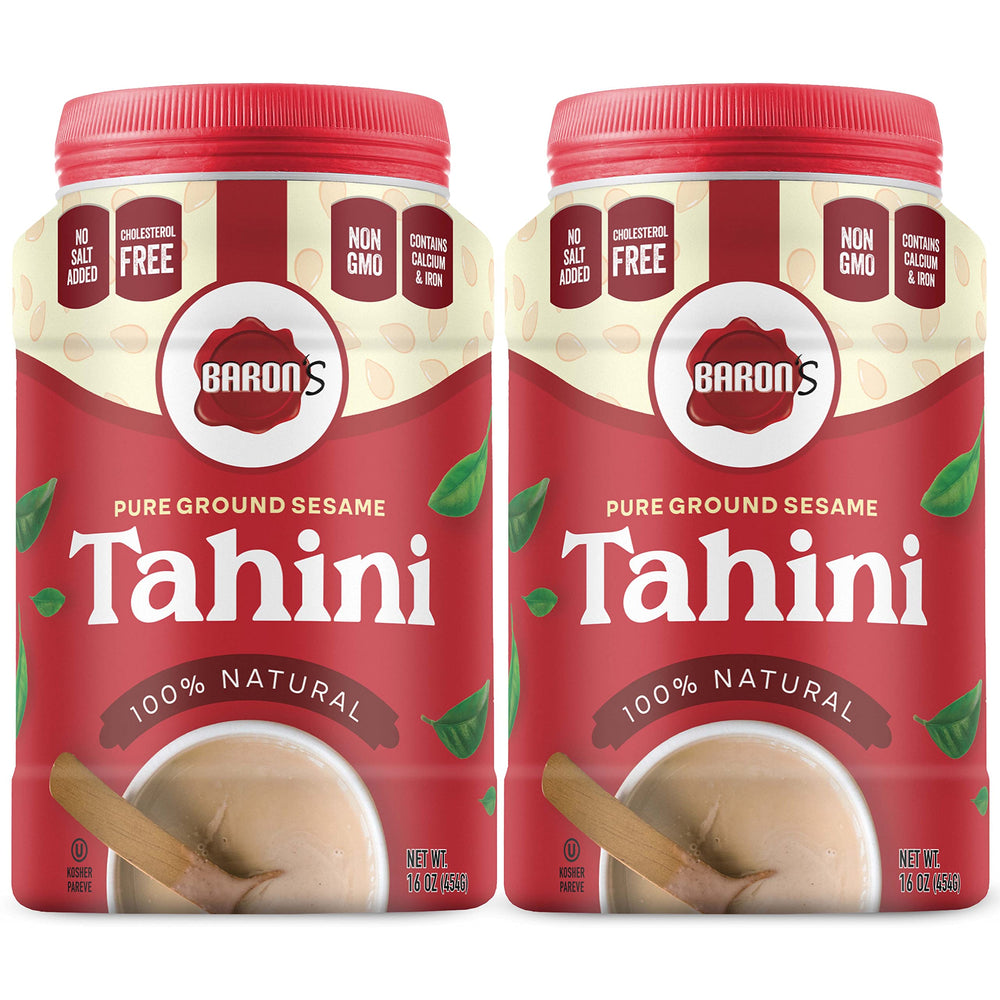 Baron's kosher sesame tahini in a smooth pour jar for easy blending.