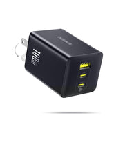 Baseus 100W charger block front view, compact design ideal for travel and daily use.
