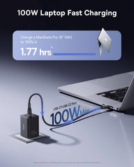 Baseus 100W charger block ports, three ports enable simultaneous device charging.