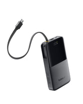 Baseus power bank front view with built-in cable for on-the-go charging.