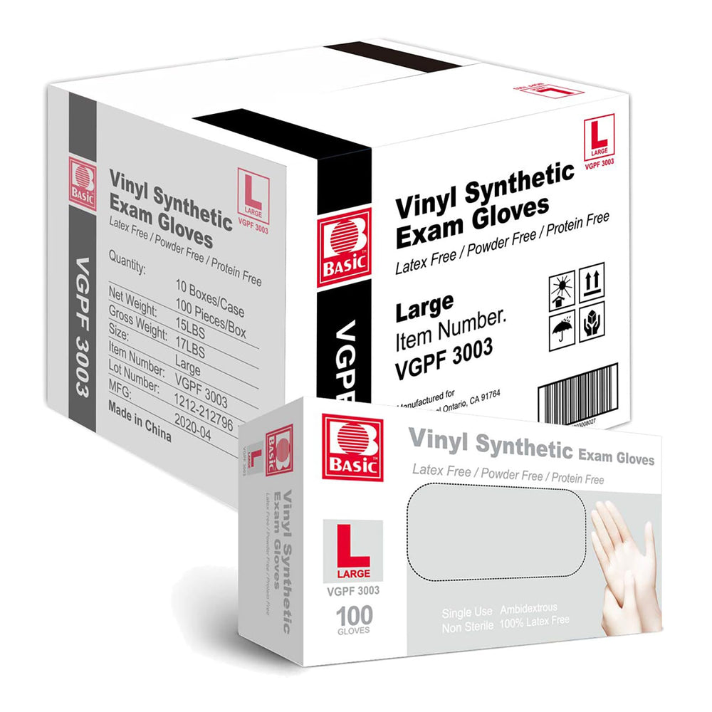 BASIC clear vinyl exam gloves box packaging showing bulk supply for easy restocking