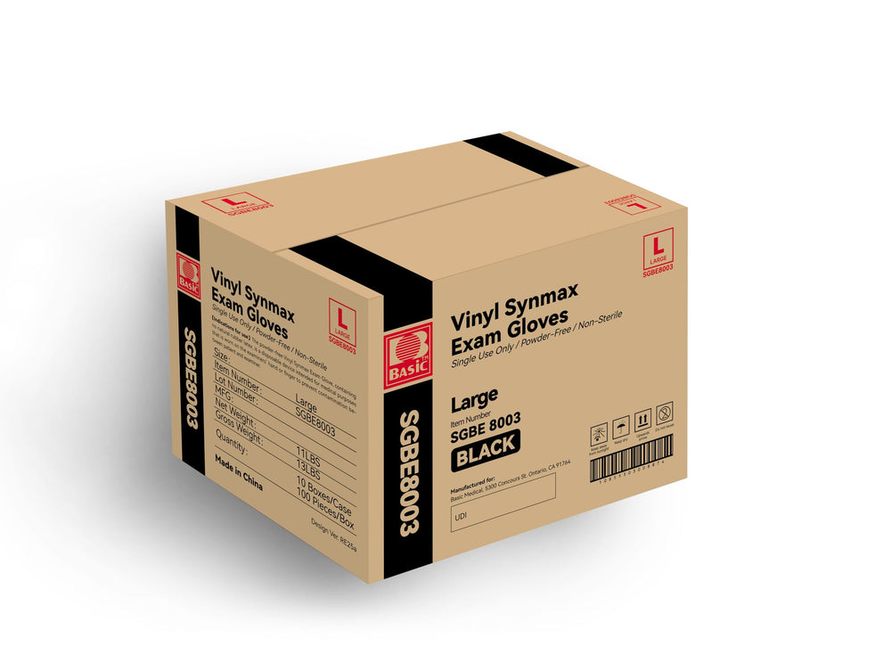 Basic Synmax black vinyl gloves front view for precise examination tasks.