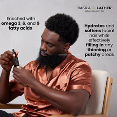 Bask & Lather beard growth oil dropper applying to patchy beard