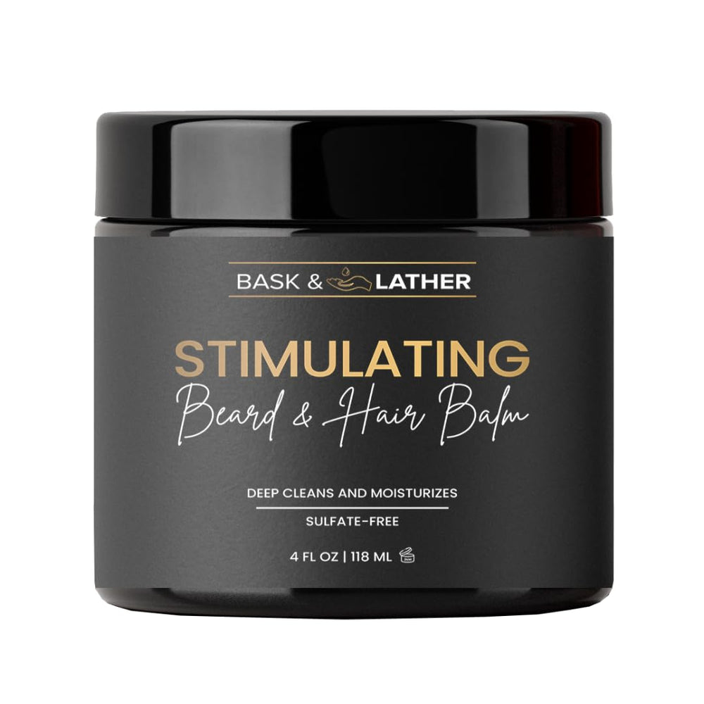 Bask & Lather stimulating balm jar for nourished beard and hair.