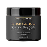 Bask & Lather stimulating balm jar for nourished beard and hair.