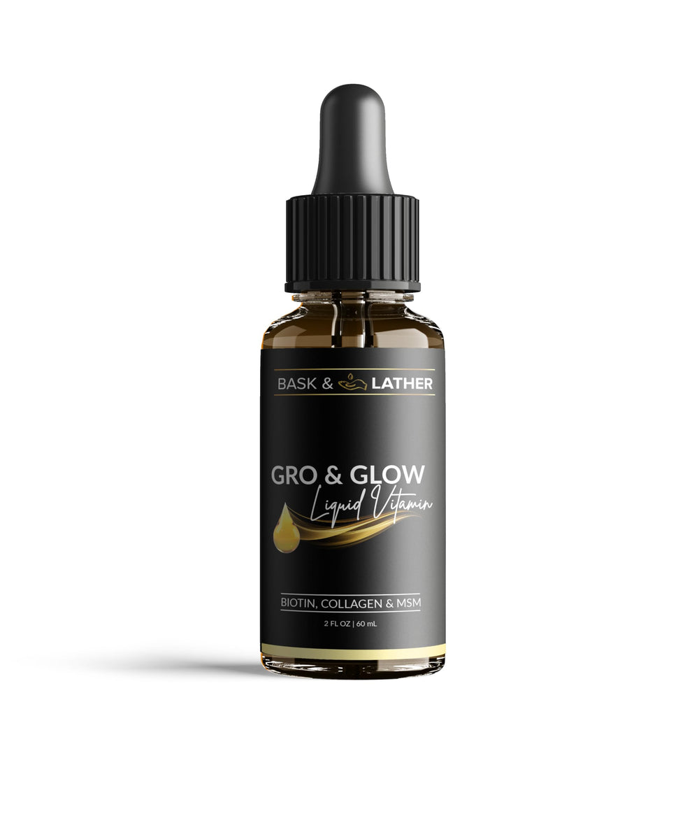 Bask & Lather Gro & Glow liquid vitamin bottle for daily beauty support
