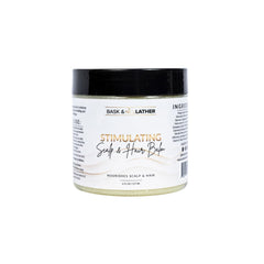 Bask & Lather Stimulating Scalp Balm jar close-up with cooling peppermint and nourishing oils.