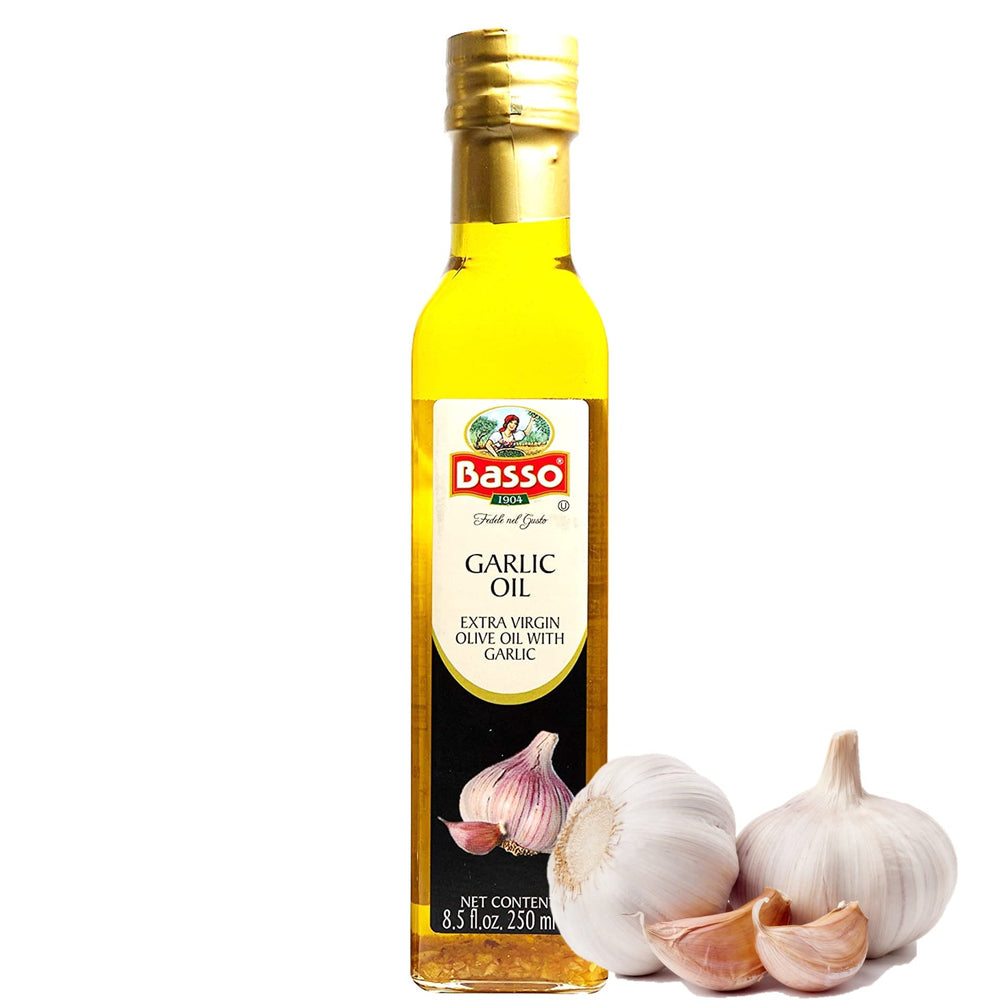 BASSO 1904 Garlic Oil bottle, garlic-infused EVOO for sautéing and finishing.