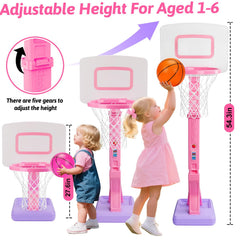 Basytodio toddler pink basketball hoop three included balls for quick games.
