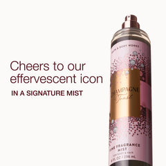 Bath & Body Works Champagne Toast mist bottle label highlights fruity notes.