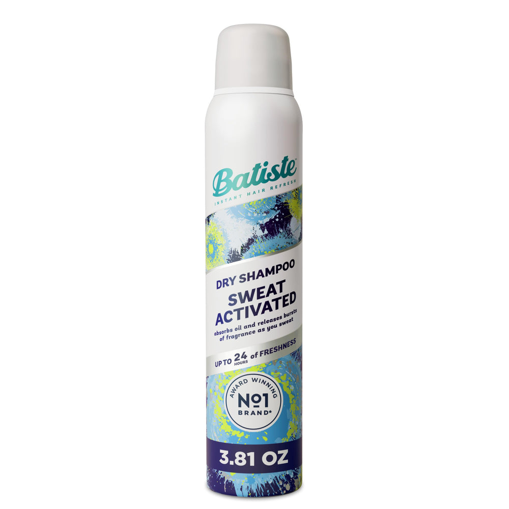Batiste sweat-activated dry shampoo can with oil-absorbing formula visible