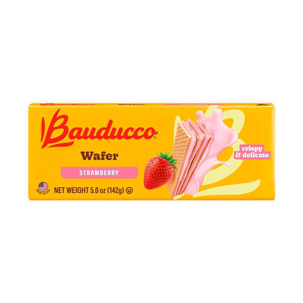 Bauducco Strawberry Wafers pack front view, crispy, ready for a quick snack.
