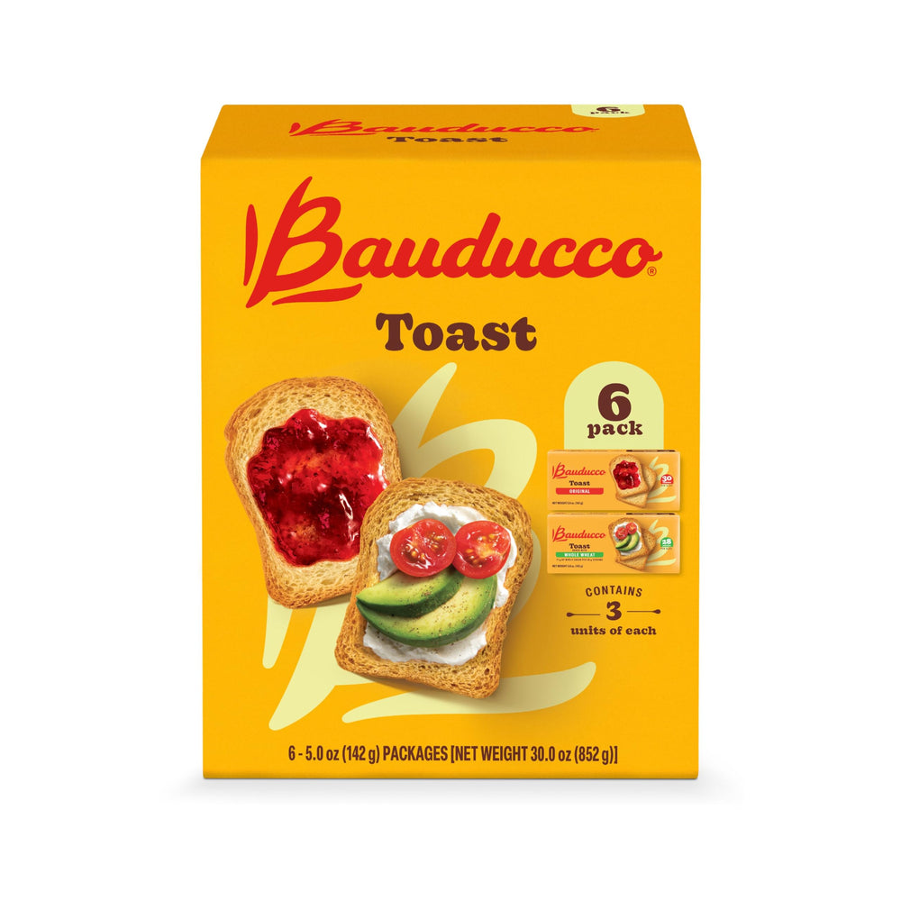 Bauducco Original toast slices shown, light and crispy for a quick breakfast.