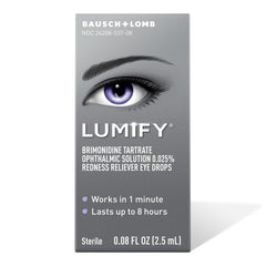 Lumify eye drops being applied for quick redness reduction and brighter look.