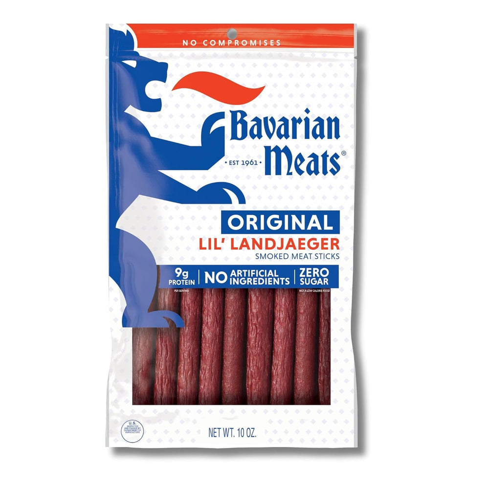 Lil' Landjaeger 10oz pack from Bavarian Meats; convenient shelf-stable snack.