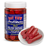 Bay View Brand smoked pickled Polish sausage in an 8oz pack for snacking