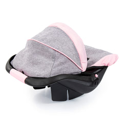 Doll car seat in pink-grey color complements playtime outfits