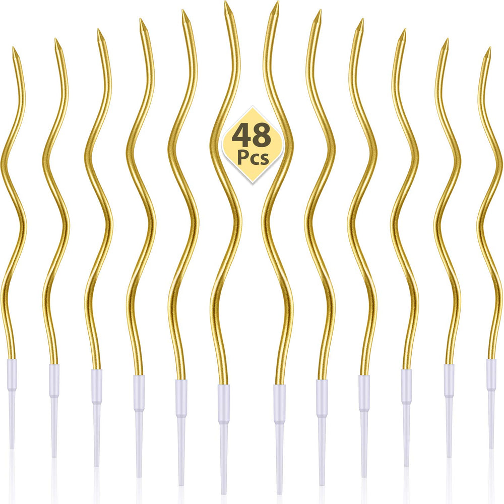 BBTO 48-piece twisty candles with gold holders add dramatic shine to cakes.