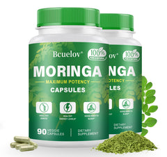 Bcuelov Moringa capsules bottle front with 800 mg formula for energy support.