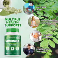 Bcuelov Moringa capsules ingredients chart highlights vitamins and amino acids.