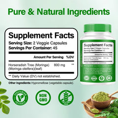 Bcuelov Moringa Capsules ingredients panel highlights pure, non GMO moringa leaf extract