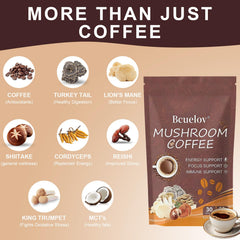 Bcuelov Mushroom Coffee powder-dispense; instant preparation ready in seconds.