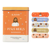 Be A Heart Jesus Heals Bandages tin box front view for easy storage and kid-friendly protection
