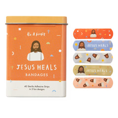 Be A Heart Jesus Heals Bandages tin box front view for easy storage and kid-friendly protection