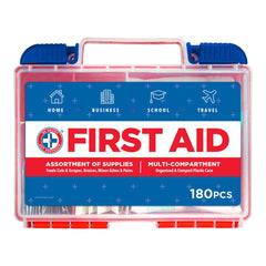 Be Smart Get Prepared 180-Piece First Aid Kit front view for home and office readiness.