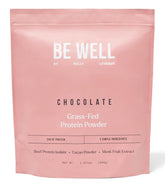 Be Well by Kelly chocolate grass-fed beef protein powder bag showing clean 3-ingredient formula