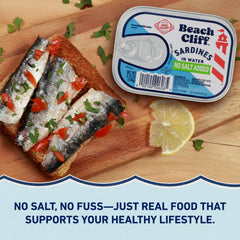 Beach Cliff pantry-ready sardines promote effortless post-workout or desk-snack options.
