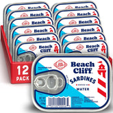 Beach Cliff sardines in water can, protein-packed snack ready to enjoy.