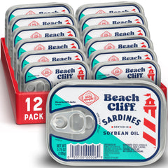 Beach Cliff wild caught sardines in soybean oil can, ideal pantry staple for quick meals.