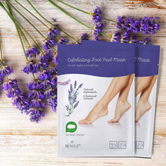 Bealuz lavender foot peel booties worn on feet for exfoliation