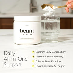 Beam Creatine Monohydrate 5g serving emphasizes high-energy performance for lifting.