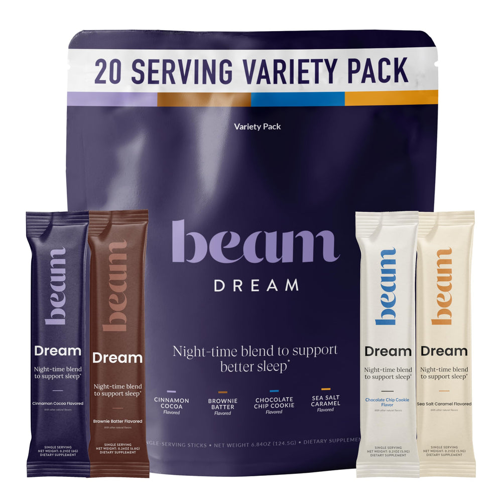 Beam Dream Sleep Powder bottle pour showing a calm nightly routine.