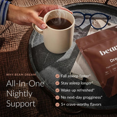 Beam Dream Sleep Powder hot cocoa mix creating a cozy night drink