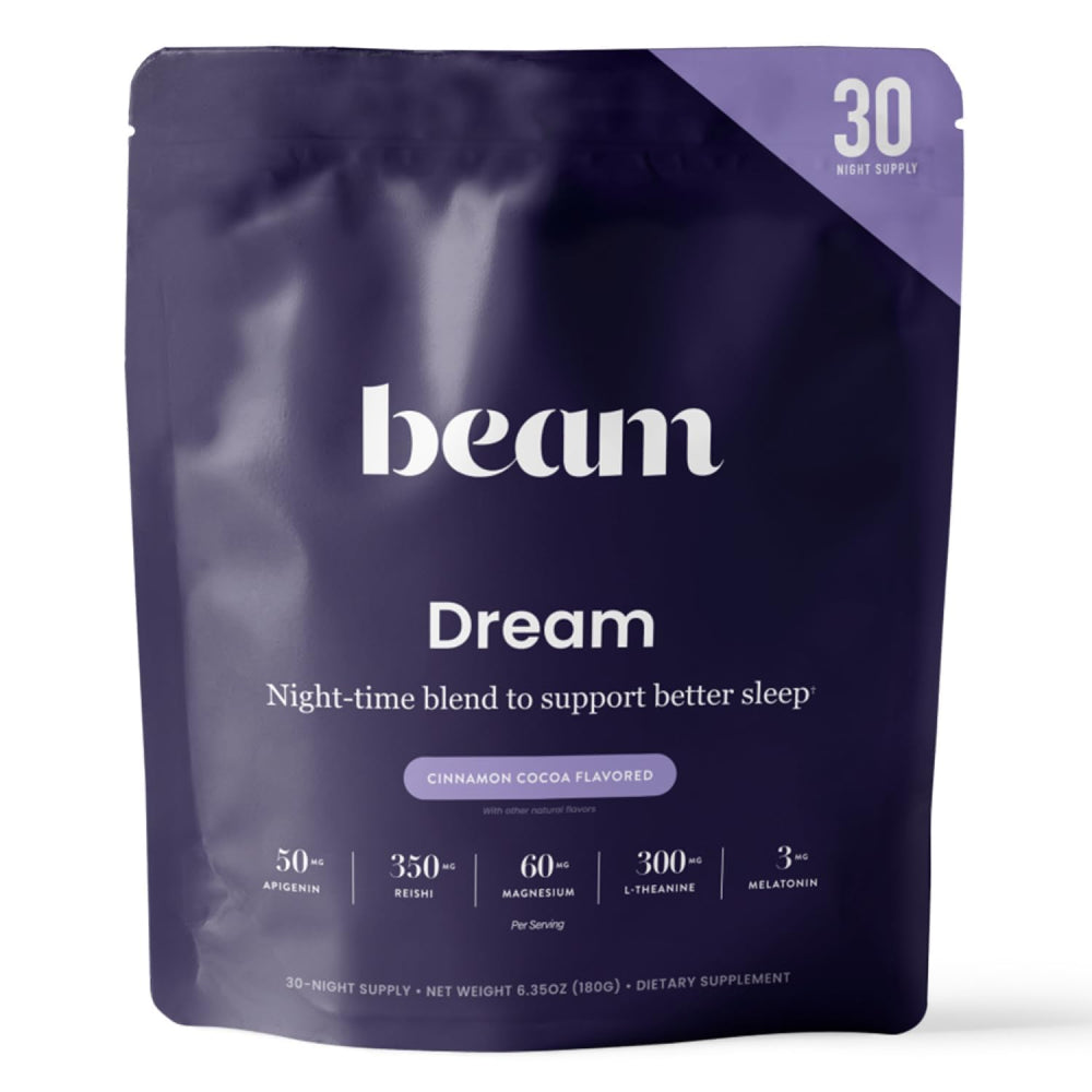 Beam Dream Sleep Powder jar on display highlighting premium sleep support