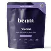Beam Dream Sleep Powder tub label close-up highlighting melatonin-free relaxation support
