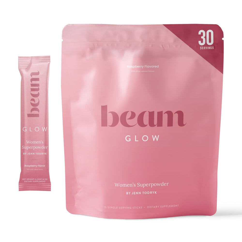Beam Glow bottle front view highlighting premium packaging for daily hormone support