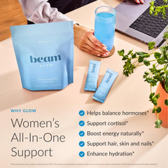 Beam Glow capsules closeup for easy daily intake and balance.