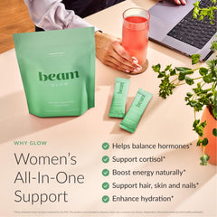 Beam Glow capsules closeup highlights convenient daily capsules for balance.