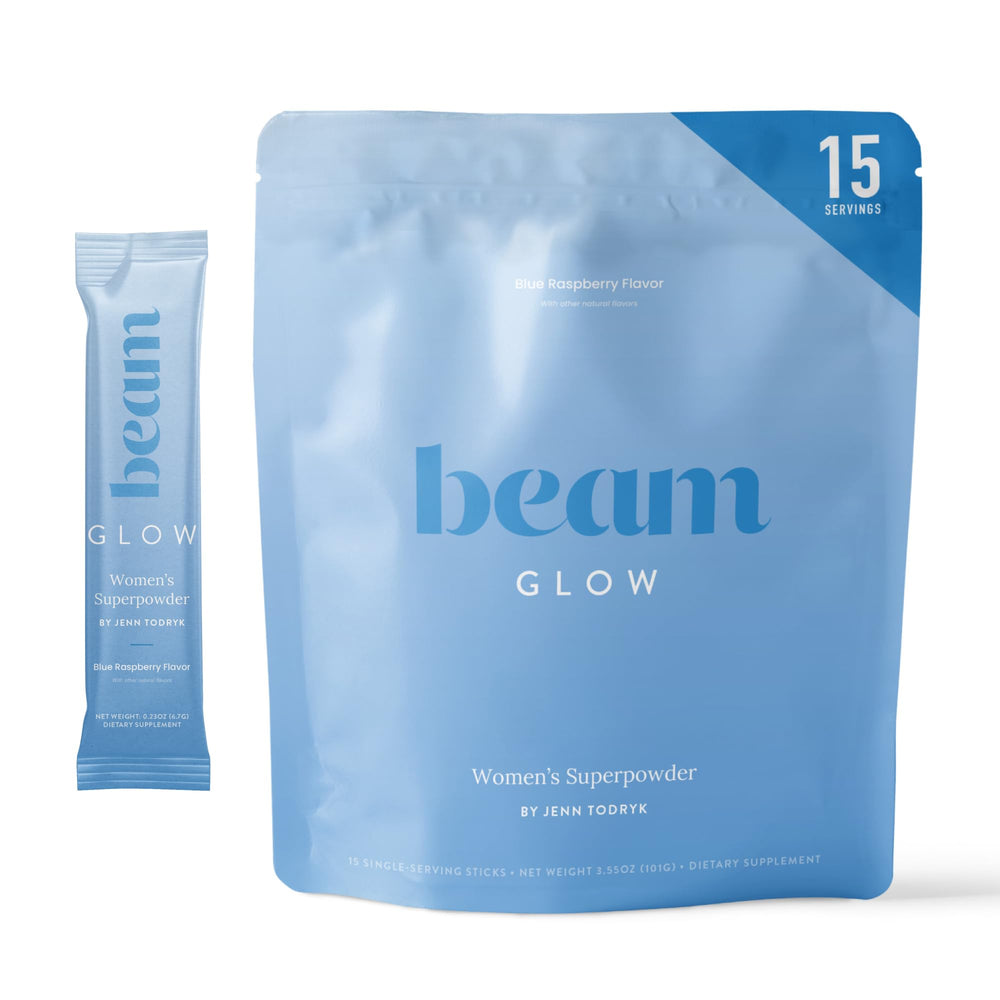 Beam Glow hormone balance bottle highlights cortisol-support for daily wellness.