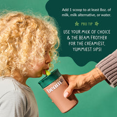 Beam Kids Multivitamin Powder greens blend close-up nutrition panel.