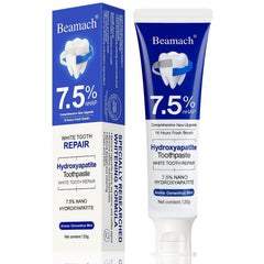 Beamach hydroxyapatite toothpaste tube showing 7.5% formula for enamel support.