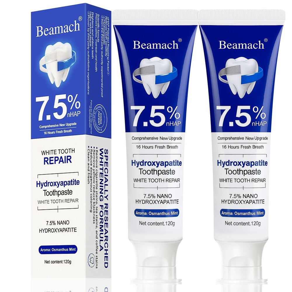 Beamach Hydroxyapatite toothpaste packaging showing brand and enamel care
