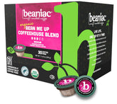 Beaniac Bean Me Up packaging showcases compostable pods for eco-friendly sipping.