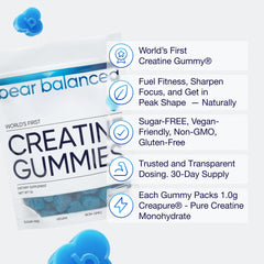 Bear Balanced Creatine Gummies bottle display emphasizes easy, daily supplementation.